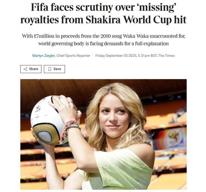 赛事比分-FIFA面临质询:700万英镑Waka Waka版税支出疑云待澄清